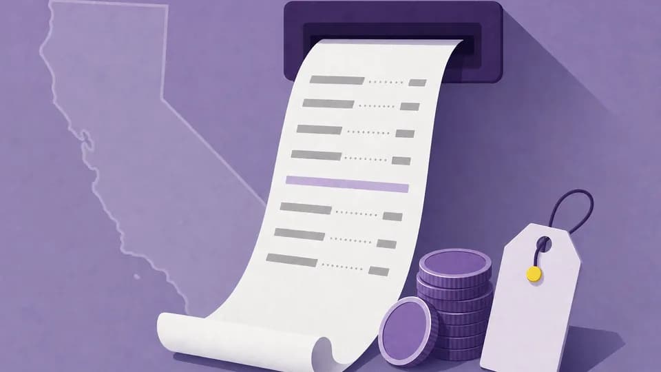 An itemized receipt beside a California outline, a price tag and a stack of coins