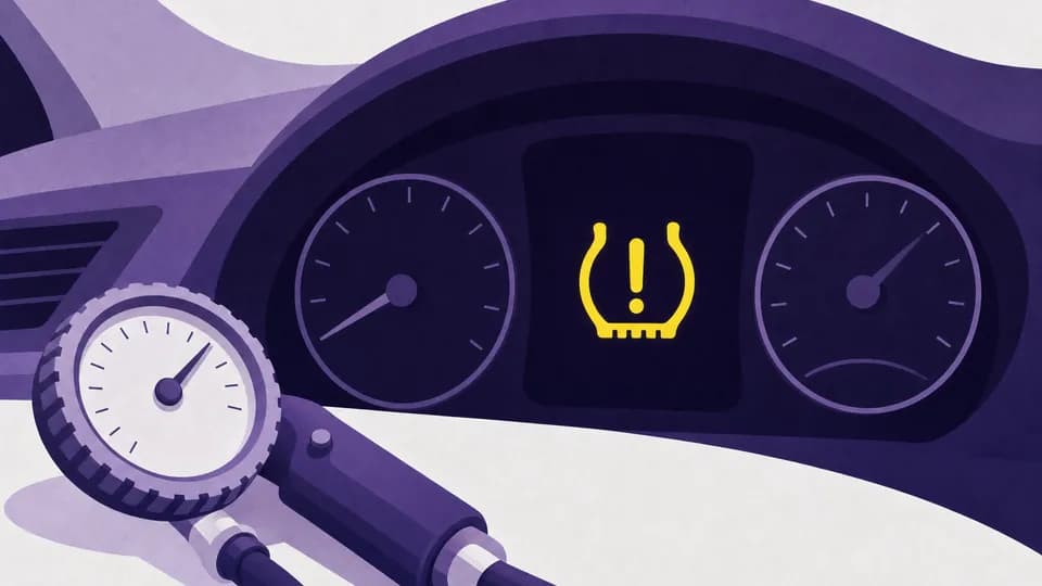 A dashboard tire pressure warning light beside a tire pressure gauge