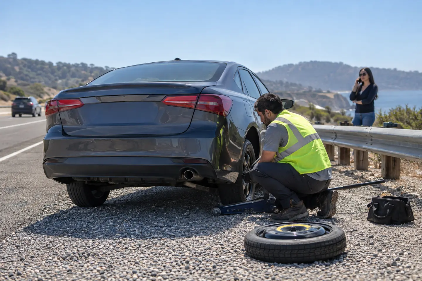 A roadside technician changes a flat tire to the spare on a highway shoulder as the driver phones