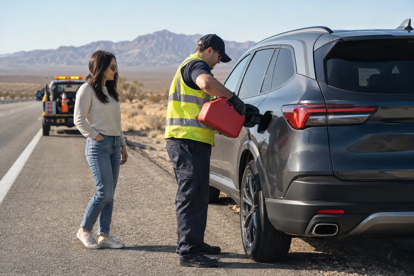 A roadside technician pours fuel from a red can into a crossover as the driver looks on