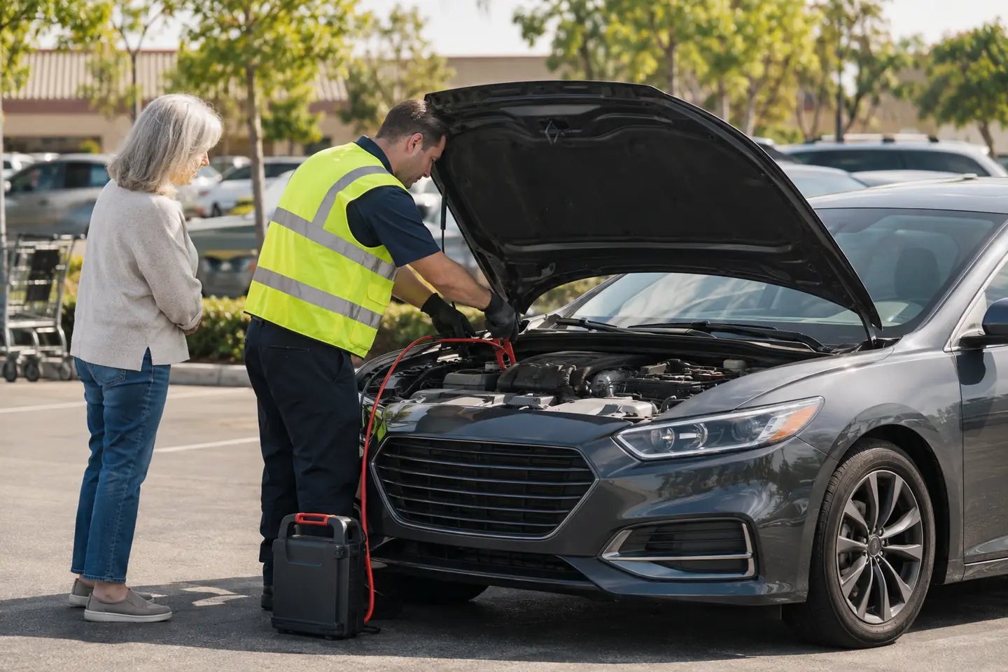 A roadside technician jump-starts a sedan in a parking lot while its owner watches