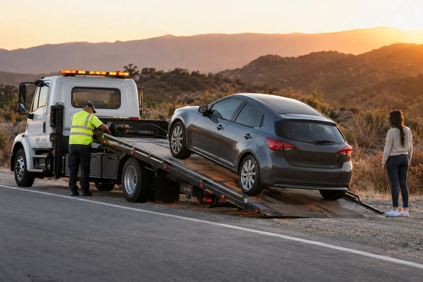 A flatbed tow truck loads a gray compact car at dusk while the driver waits safely beside it