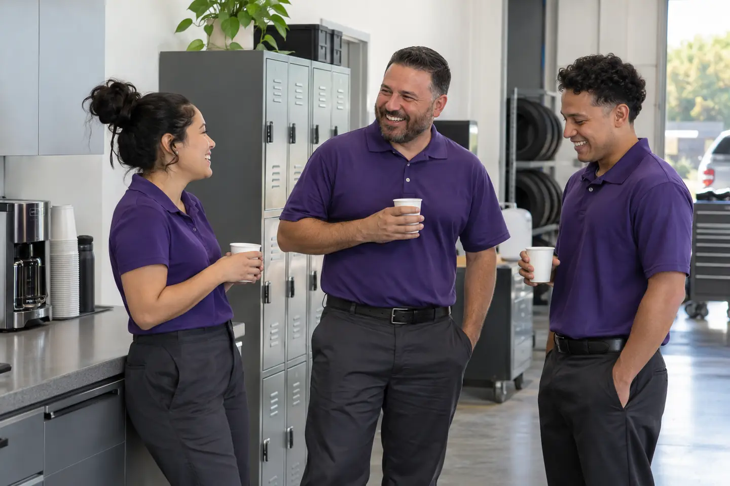 Three colleagues share a laugh over coffee in the back room of a tire center