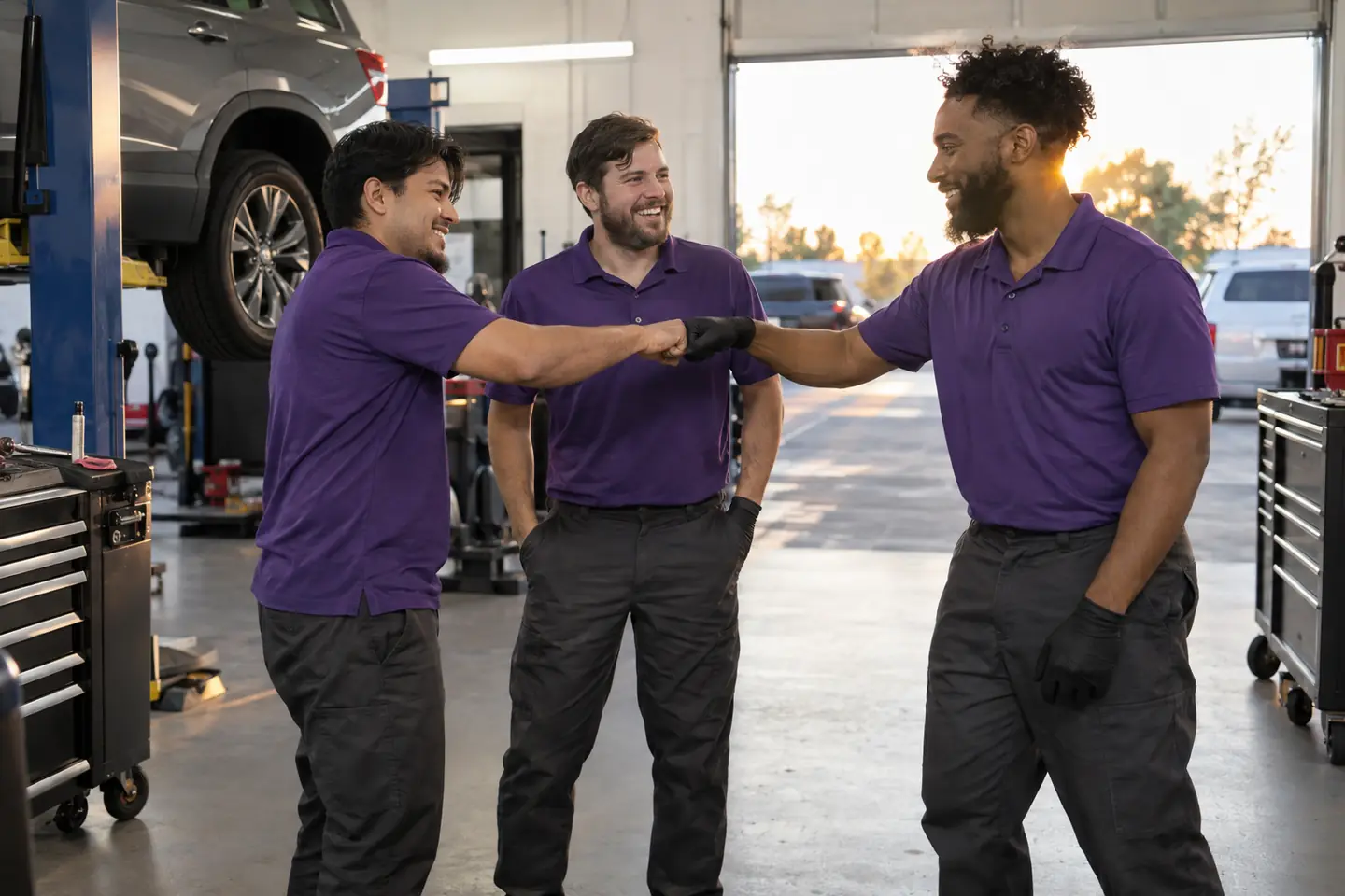 Two technicians share a fist bump at the end of a shift while a colleague laughs