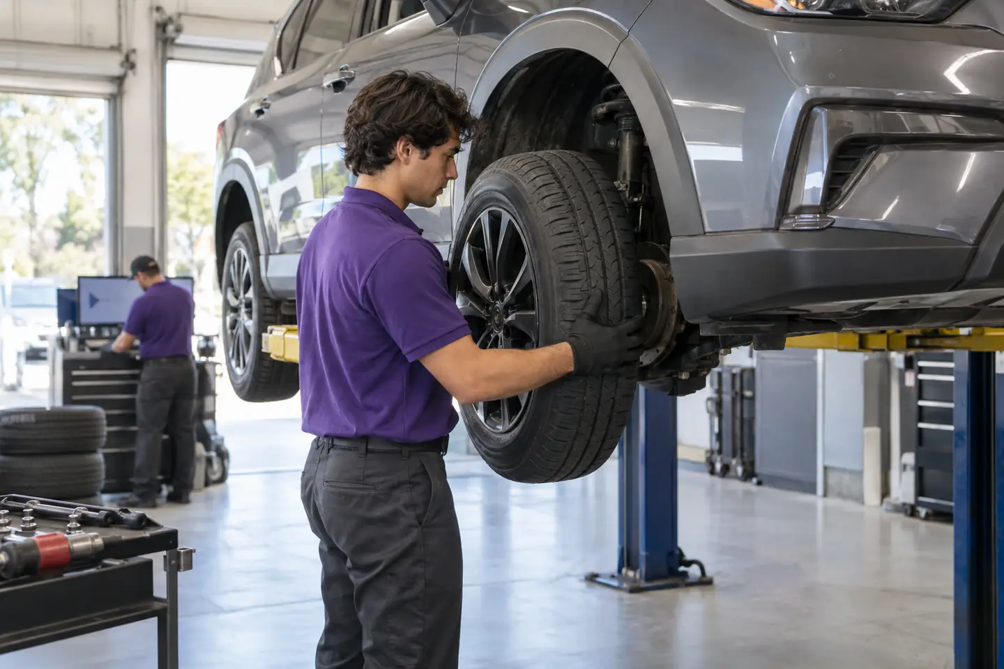 A tire installer lifts a wheel and tire onto the hub of a crossover raised on a lift