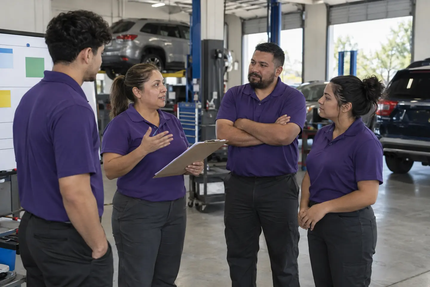 A store manager leads a short morning huddle with three technicians in the service bay