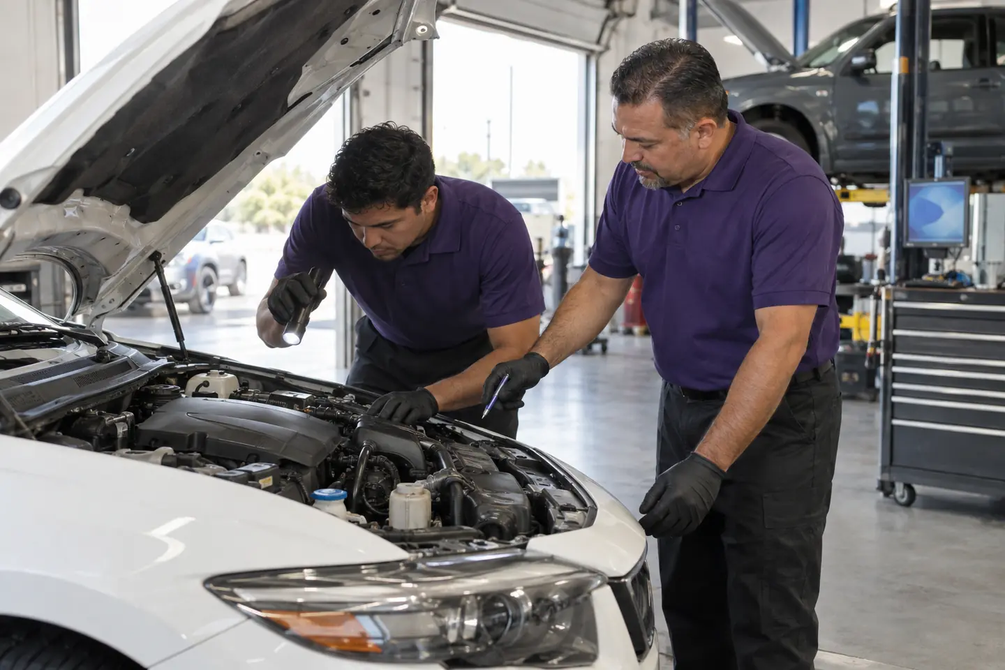 Two mechanics check the engine bay of a sedan with a flashlight in a service bay