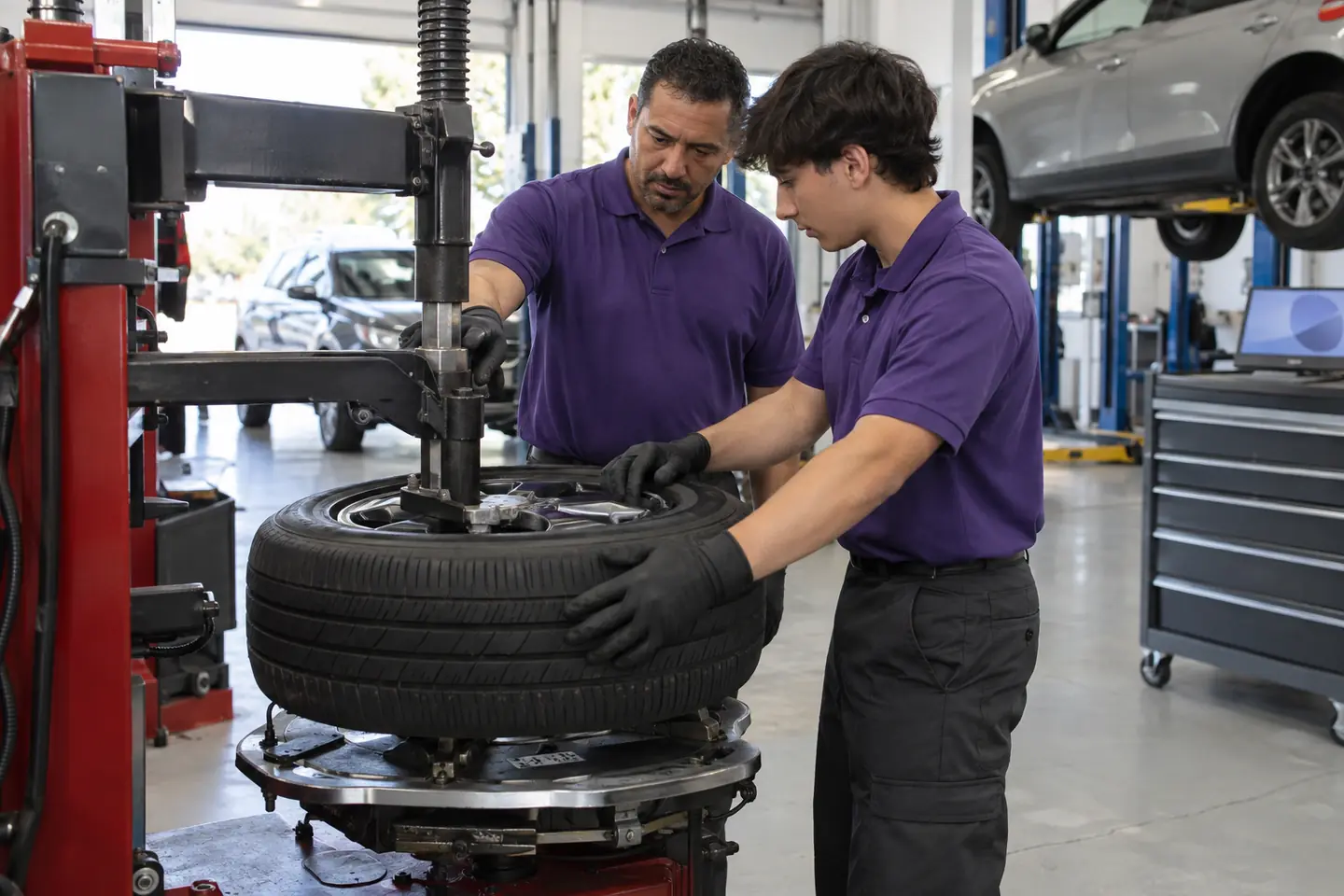 An experienced technician guides a new teammate’s hands on a tire changer