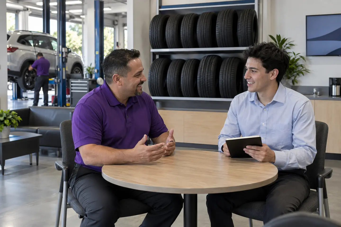 A store manager talks with a young job candidate at a table in the customer lounge