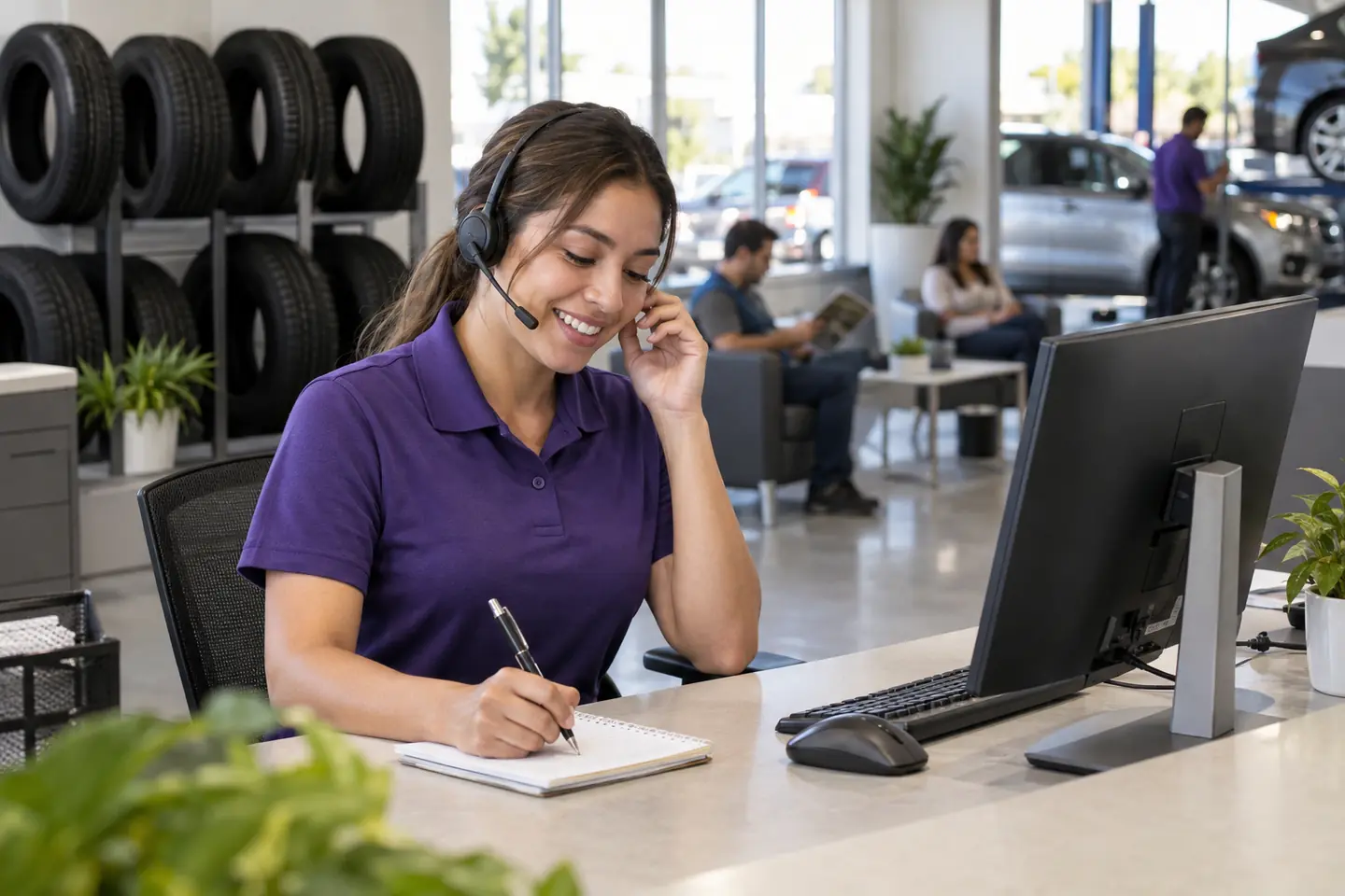 A customer advisor with a headset smiles as she takes a call at the service desk