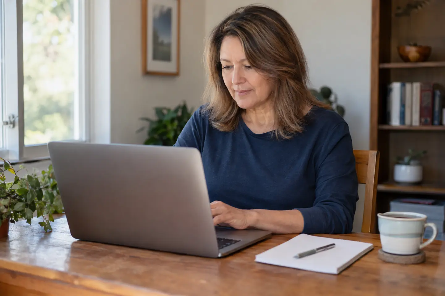 A woman reviews her account on a laptop at a tidy home desk with a cup of tea