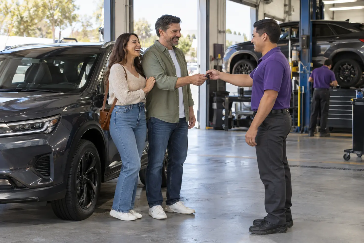 An associate hands a smiling customer his keys beside his crossover on fresh tires