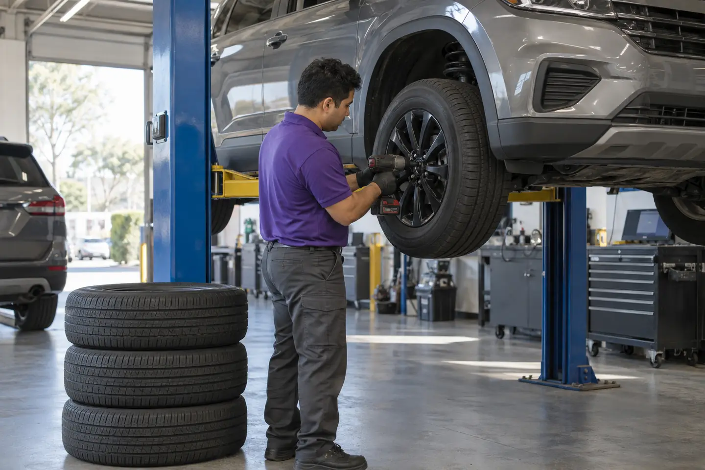 A technician fits a new wheel and tire to an SUV on a lift, three more new tires stacked beside it