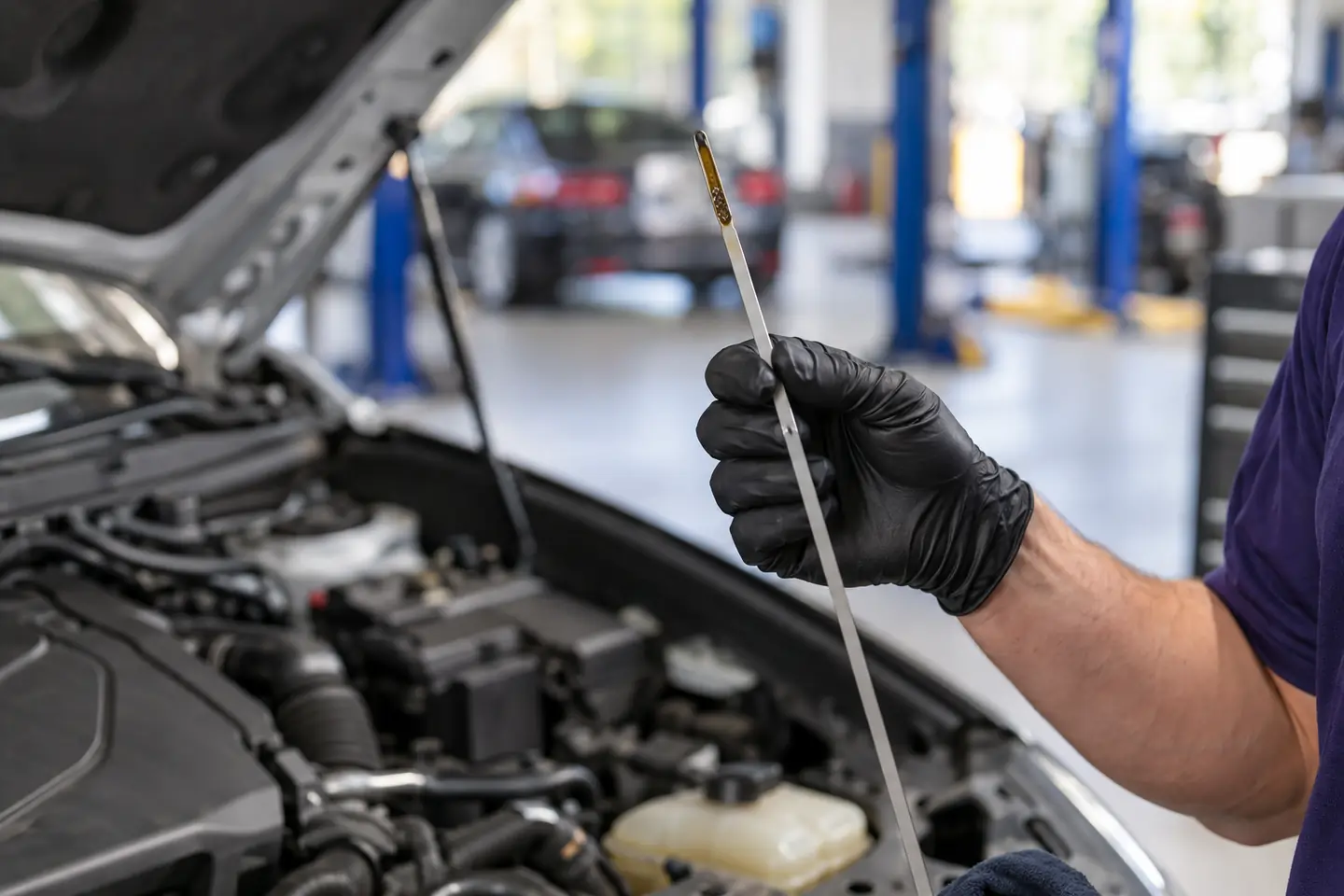 A technician reads the oil level on a dipstick under a sedan’s open hood