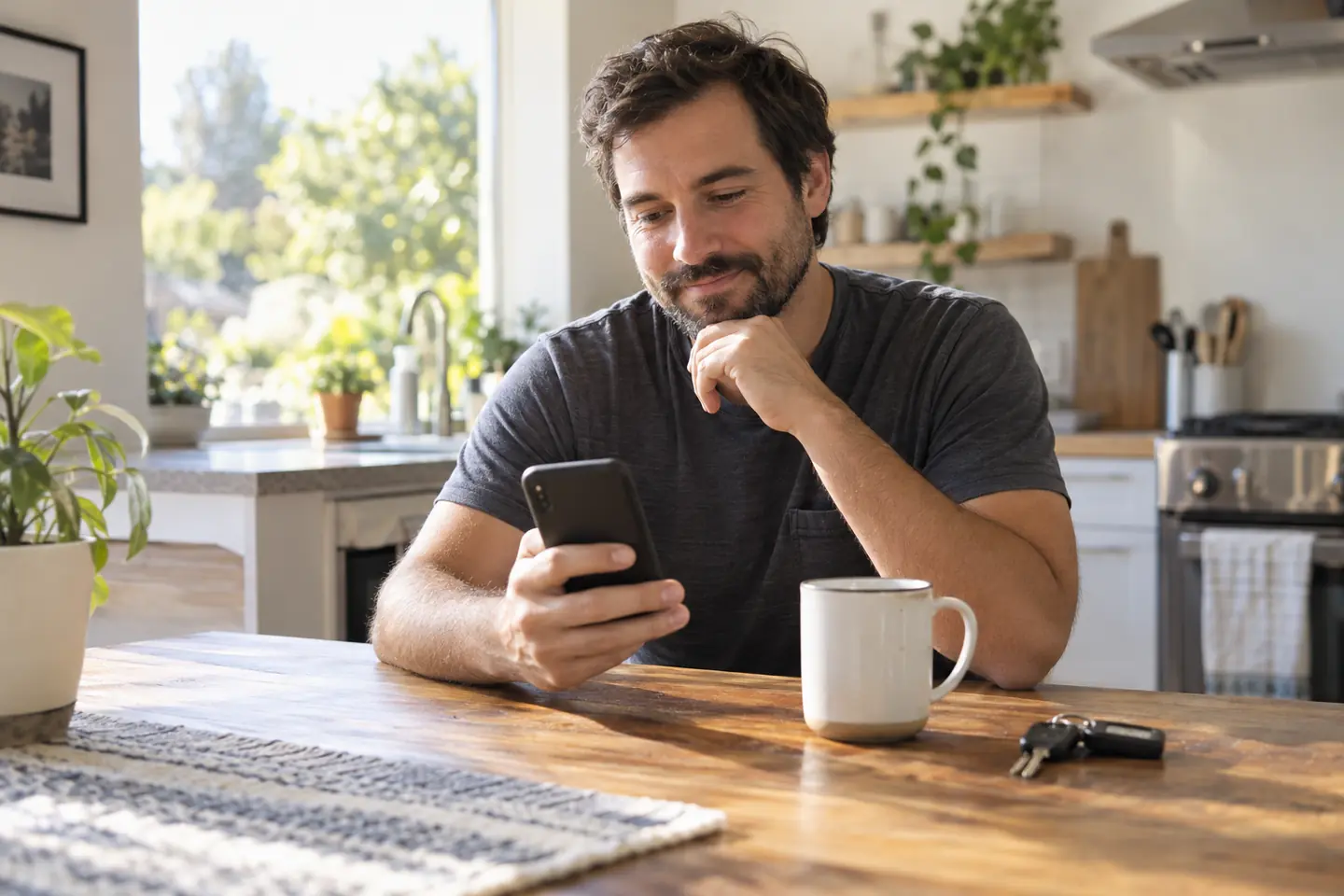 A man checks his phone at a sunny kitchen table with a coffee and his car keys