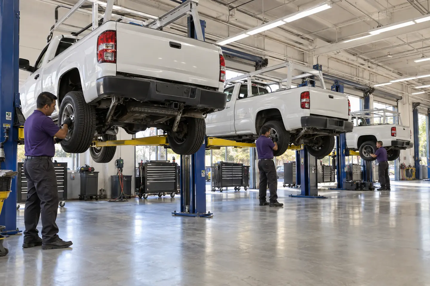 Three white work pickups on lifts in a bright service bay, a technician at the wheels of each