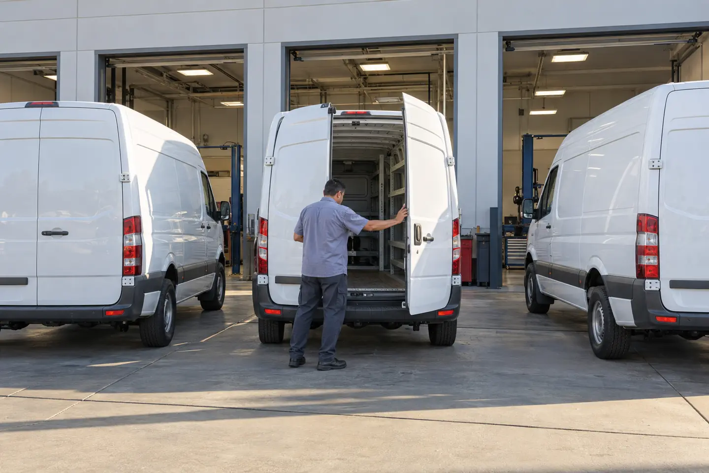 Three white cargo vans parked in front of the service bays, a driver closing a rear door