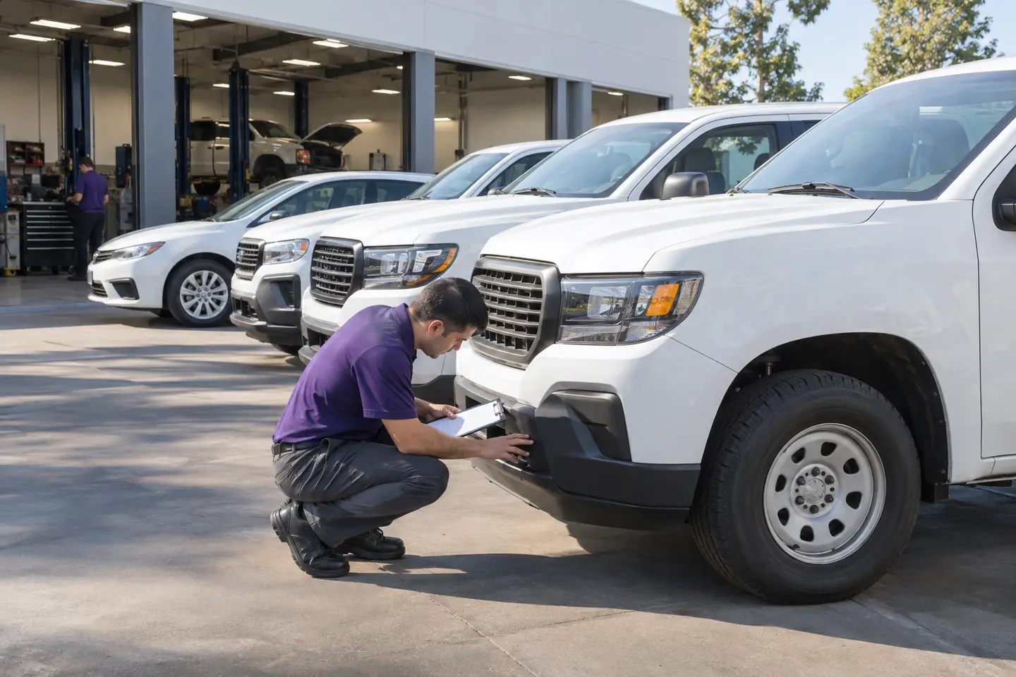 A technician inspects a tire beside a row of plain white work trucks and a sedan