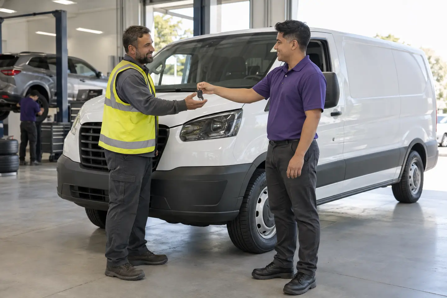 A fleet driver takes his van keys from an associate after service, the van on fresh tires