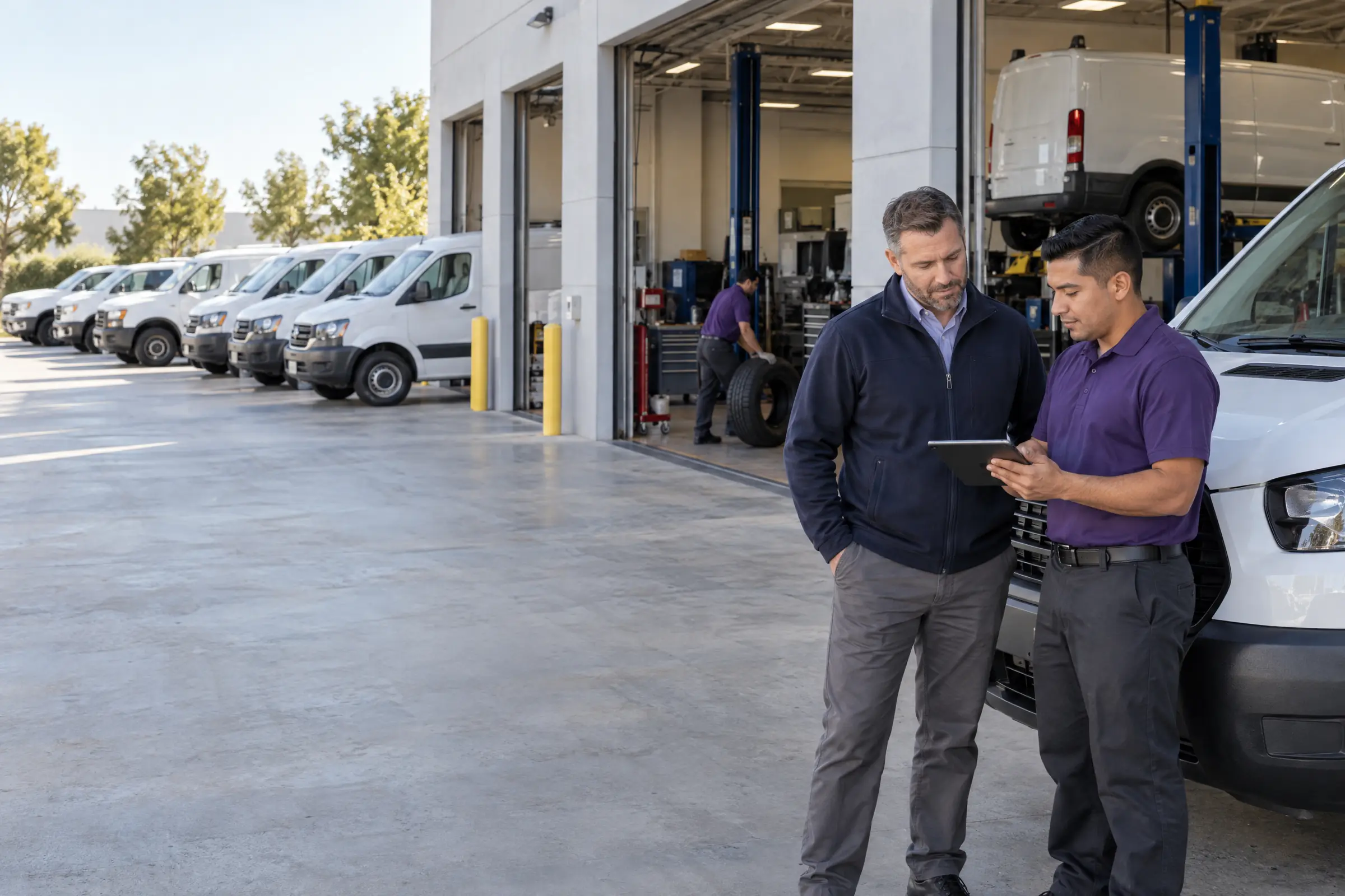 A fleet manager and a store associate review a tablet beside a row of white cargo vans outside the service bays