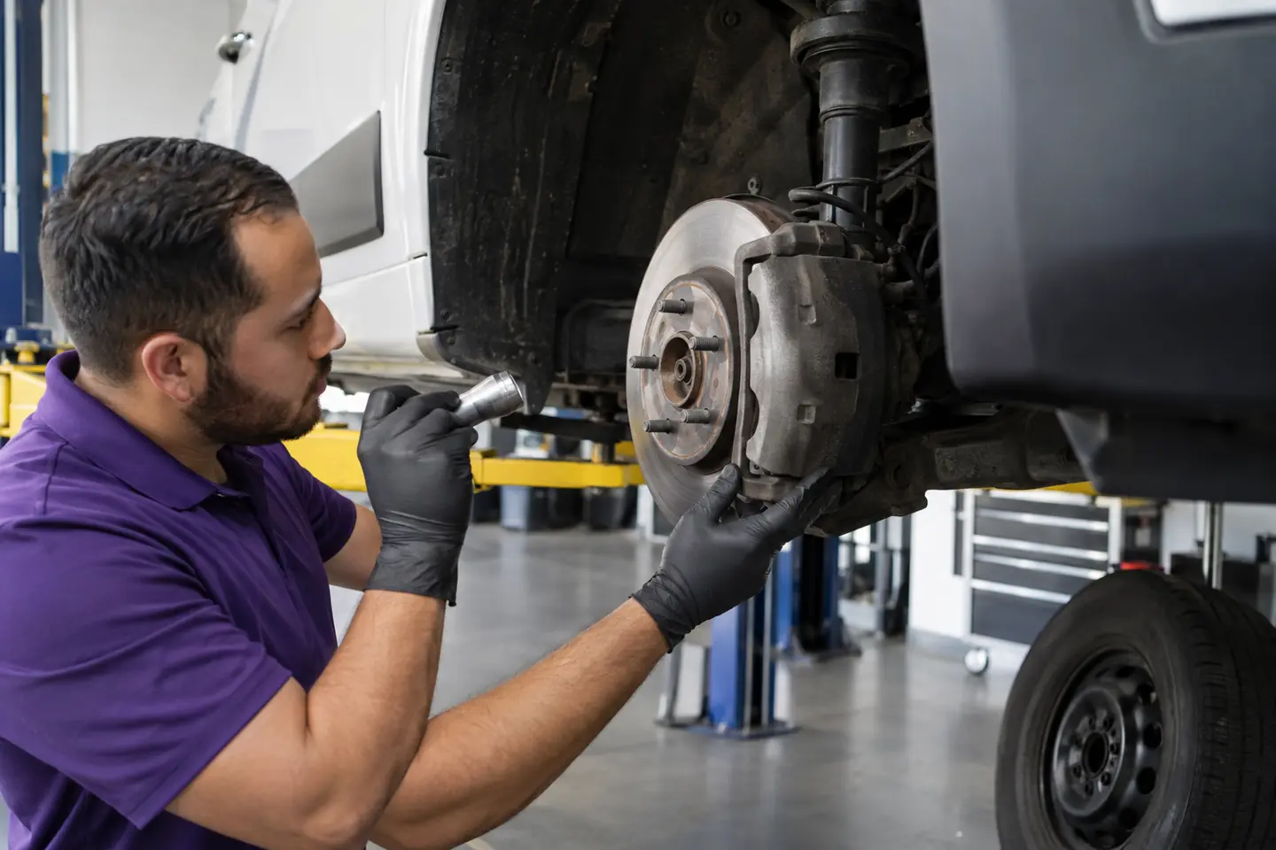 A technician inspects the brake rotor and caliper of a cargo van raised on a lift