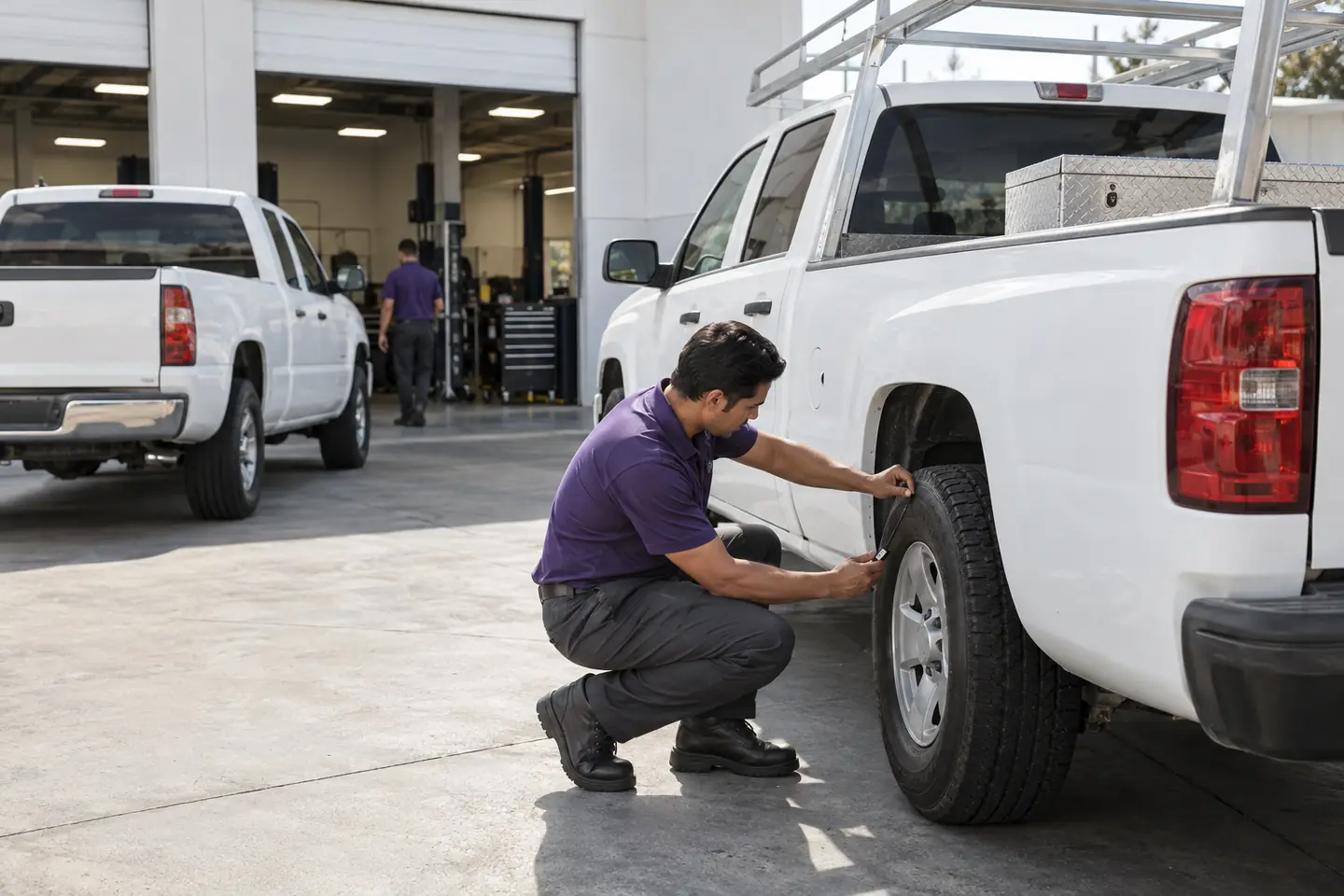 A technician checks the rear tire tread of a white work pickup with a gauge