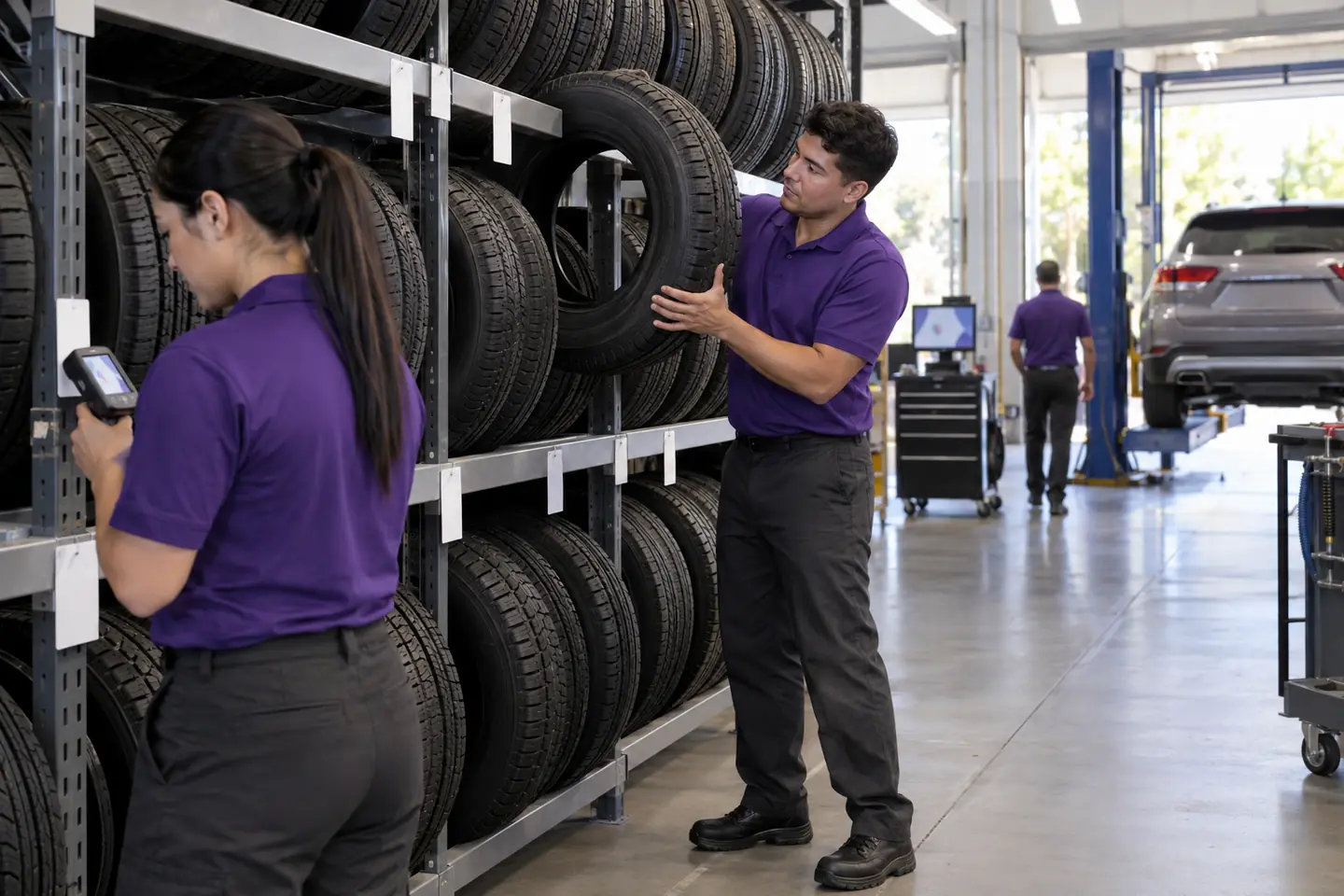 A technician pulls a light-truck tire from a tall rack while an associate scans the rack tag