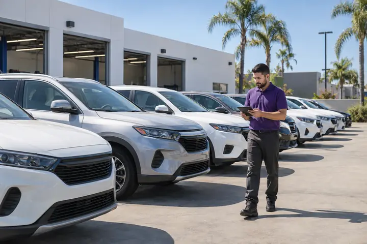 A technician with a tablet beside a row of parked SUVs and sedans