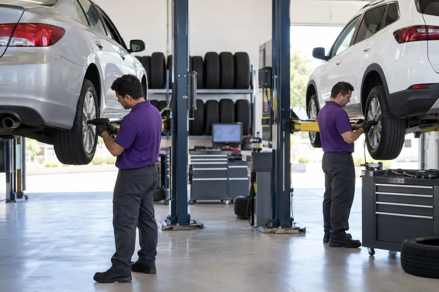 A sedan and a compact SUV on lifts as two technicians rotate their tires