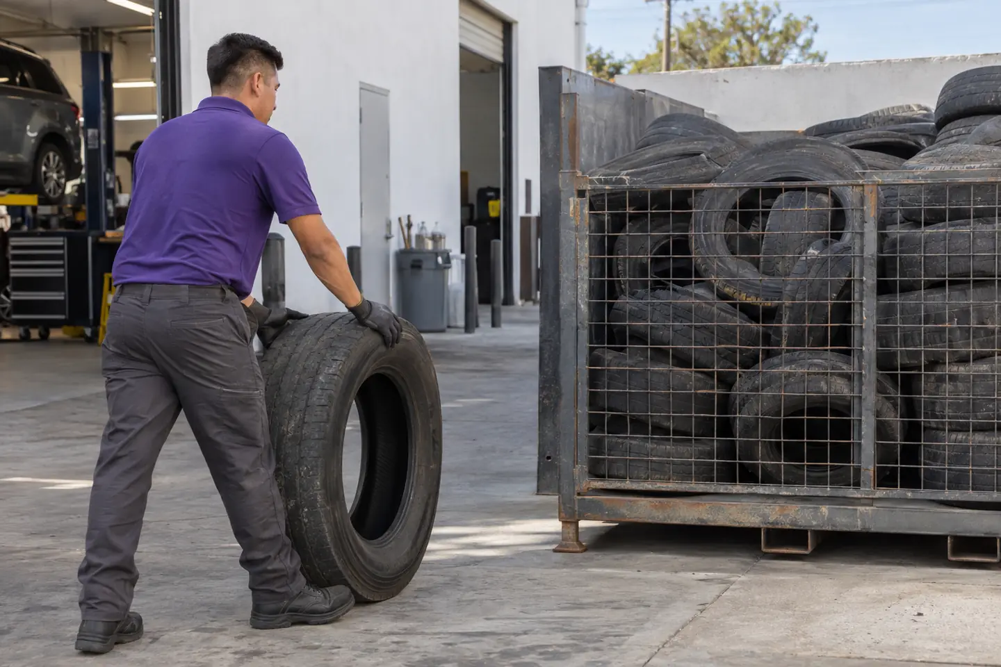 Used tires stacked in a recycling cage behind a tire shop