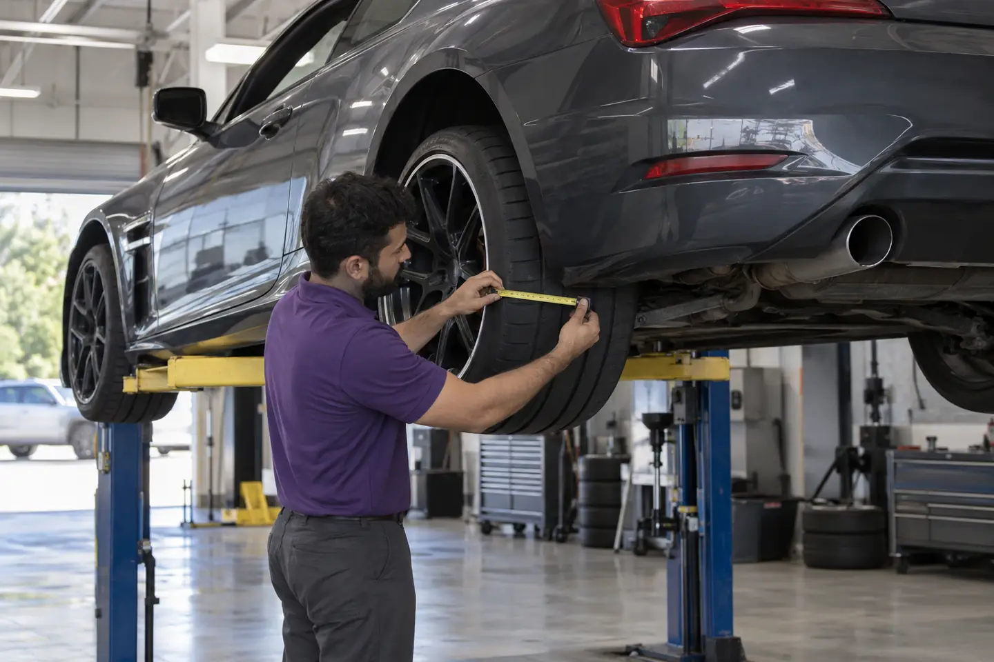 A technician measures the width of a coupe’s wider rear tire