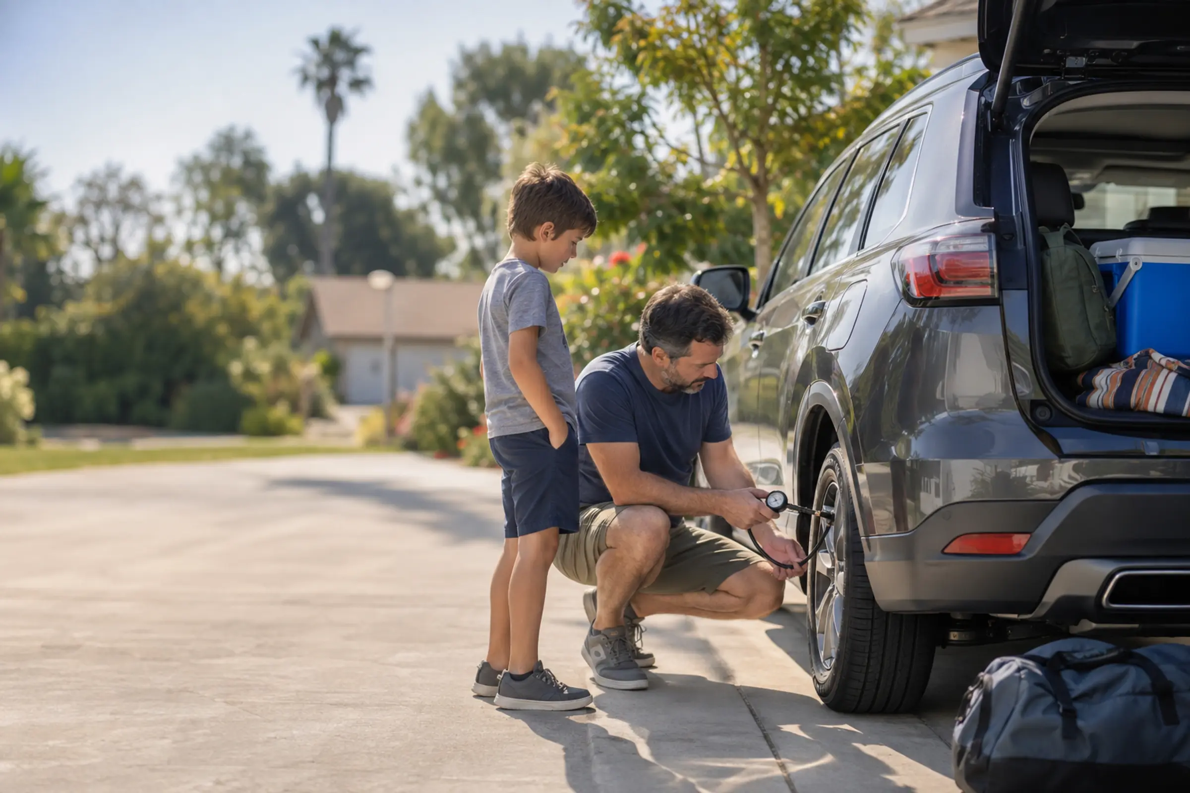 A father checks his SUV’s tire pressure in the driveway before a road trip