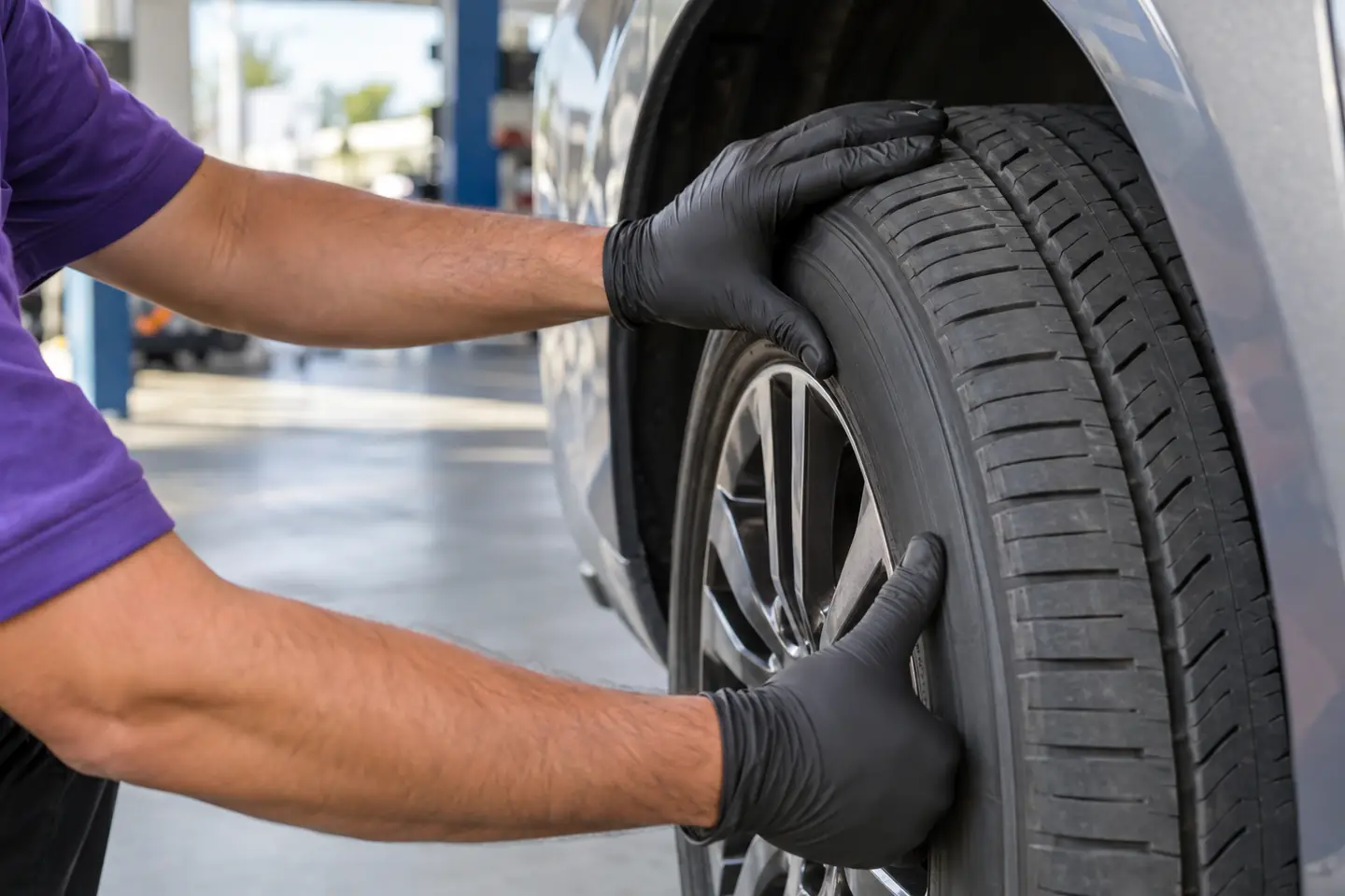 A hand runs across a tire’s tread while the thumb checks the sidewall