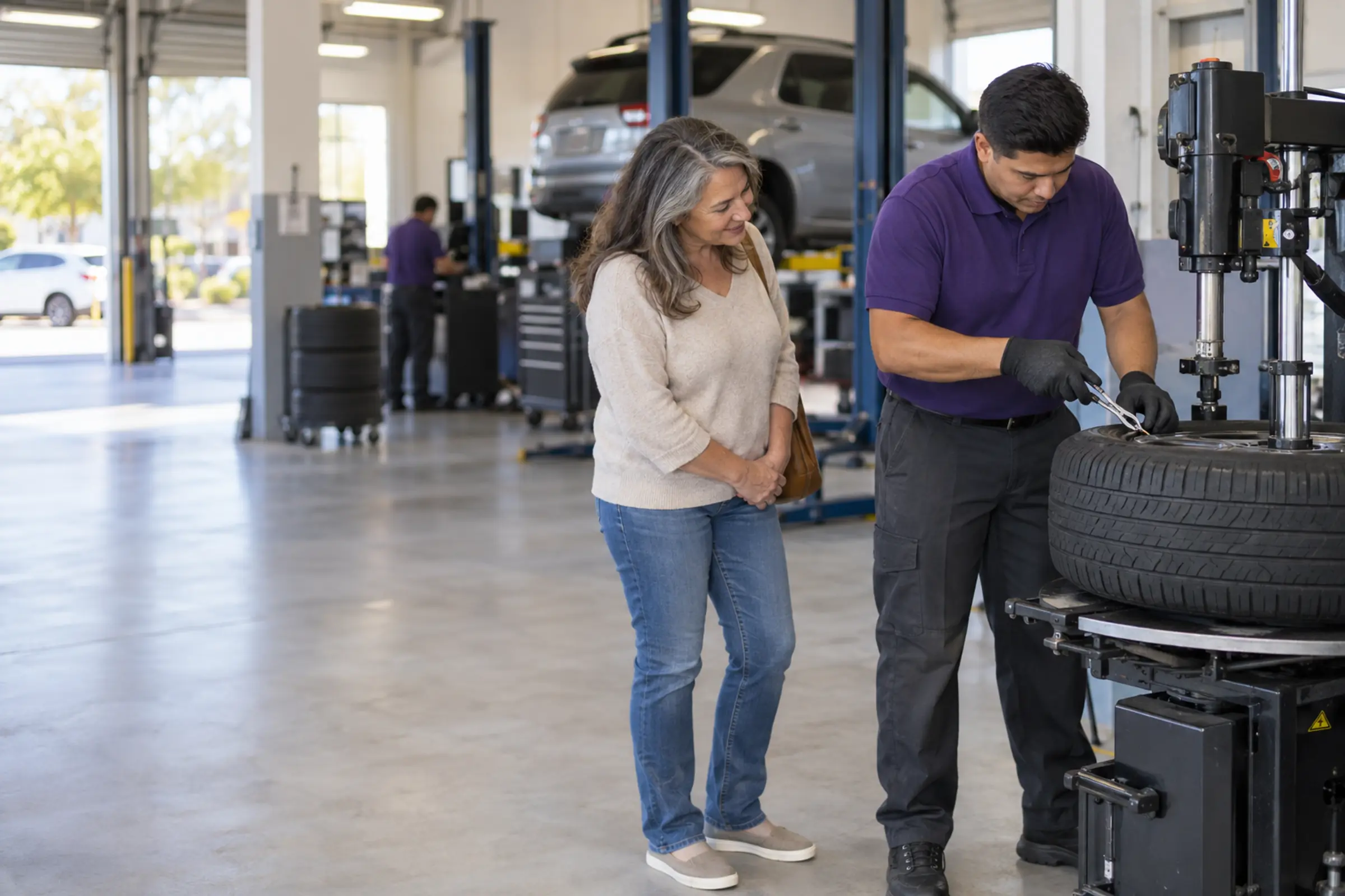 A technician pulls a screw from a tire’s tread as the customer watches