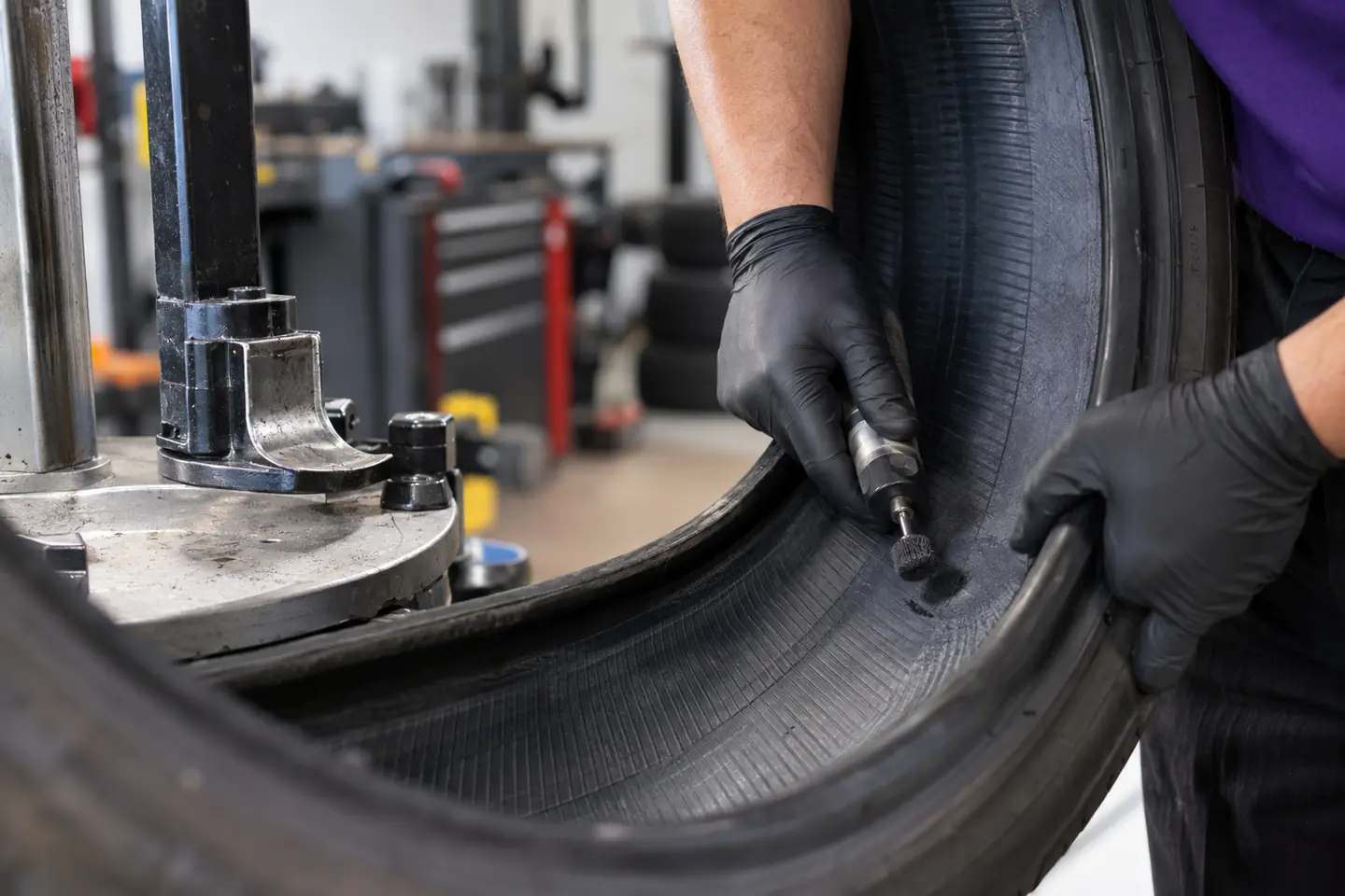 Gloved hands prepare a tire’s inner liner around a puncture for a plug-patch