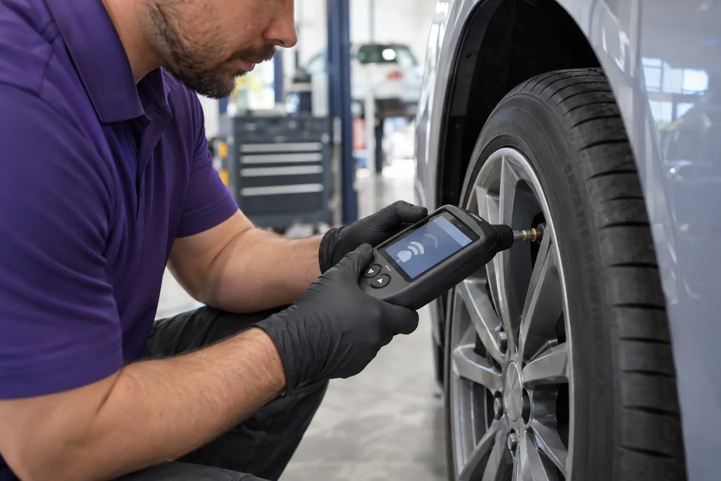 A technician holds a tire-sensor scan tool beside a tire’s valve stem