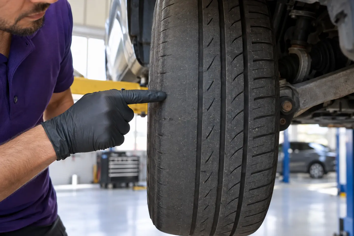 A finger points to the worn inner shoulder of a front tire