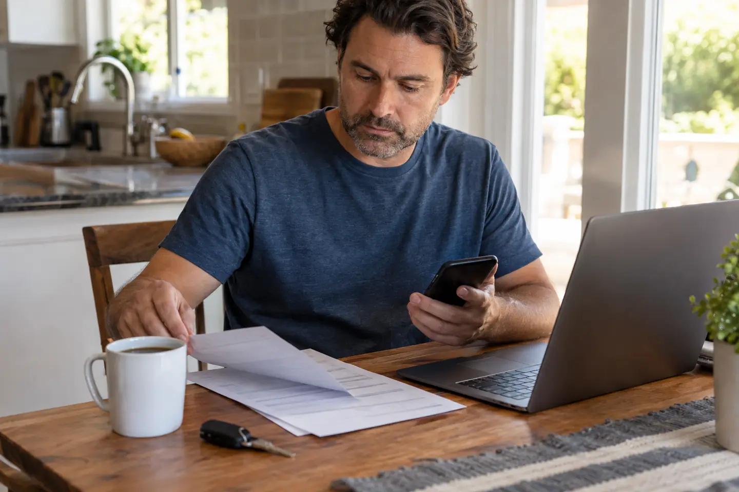 A man checks a paper invoice against his phone at a sunny kitchen table