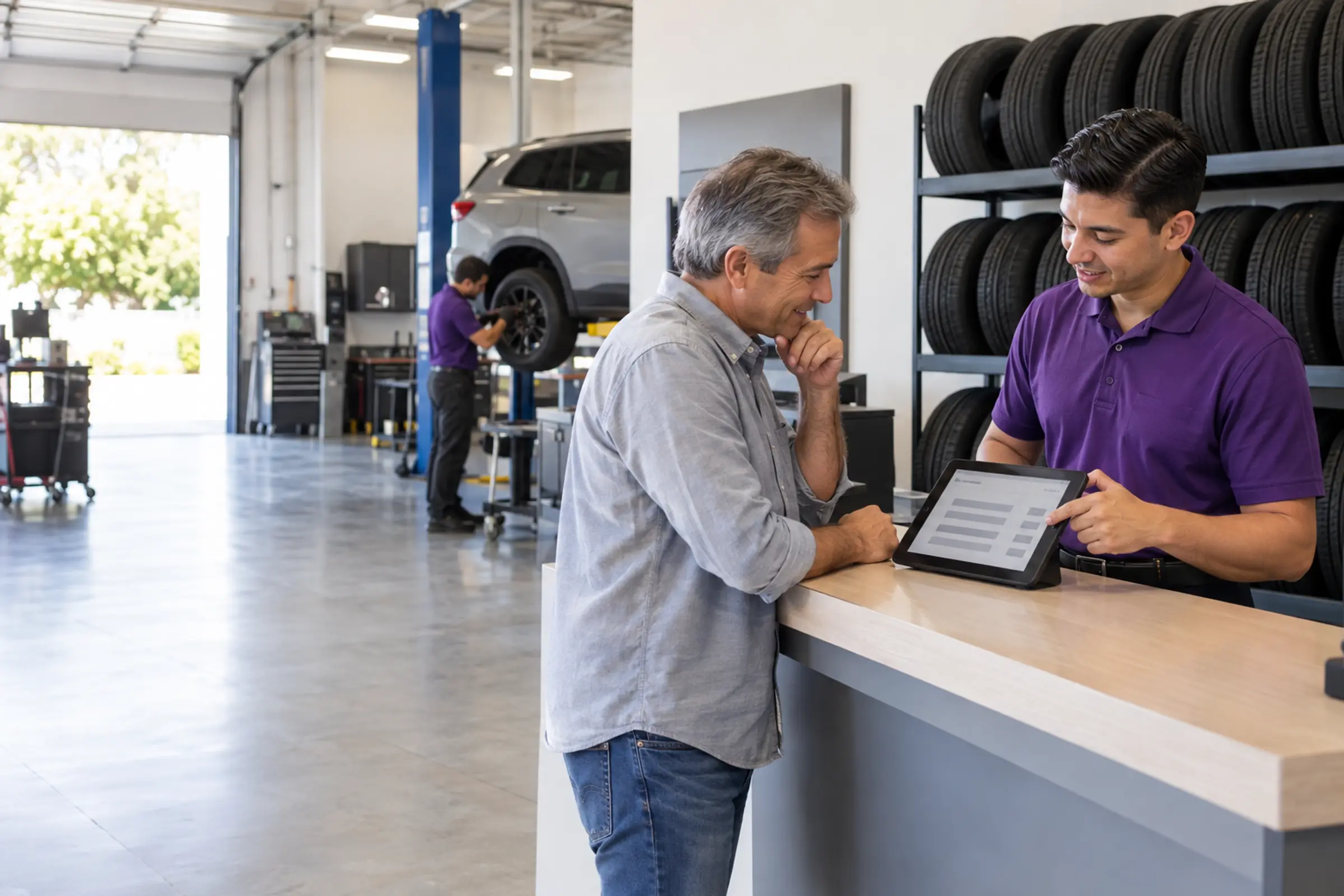 An associate shows a customer an itemized quote on a tablet at the service counter
