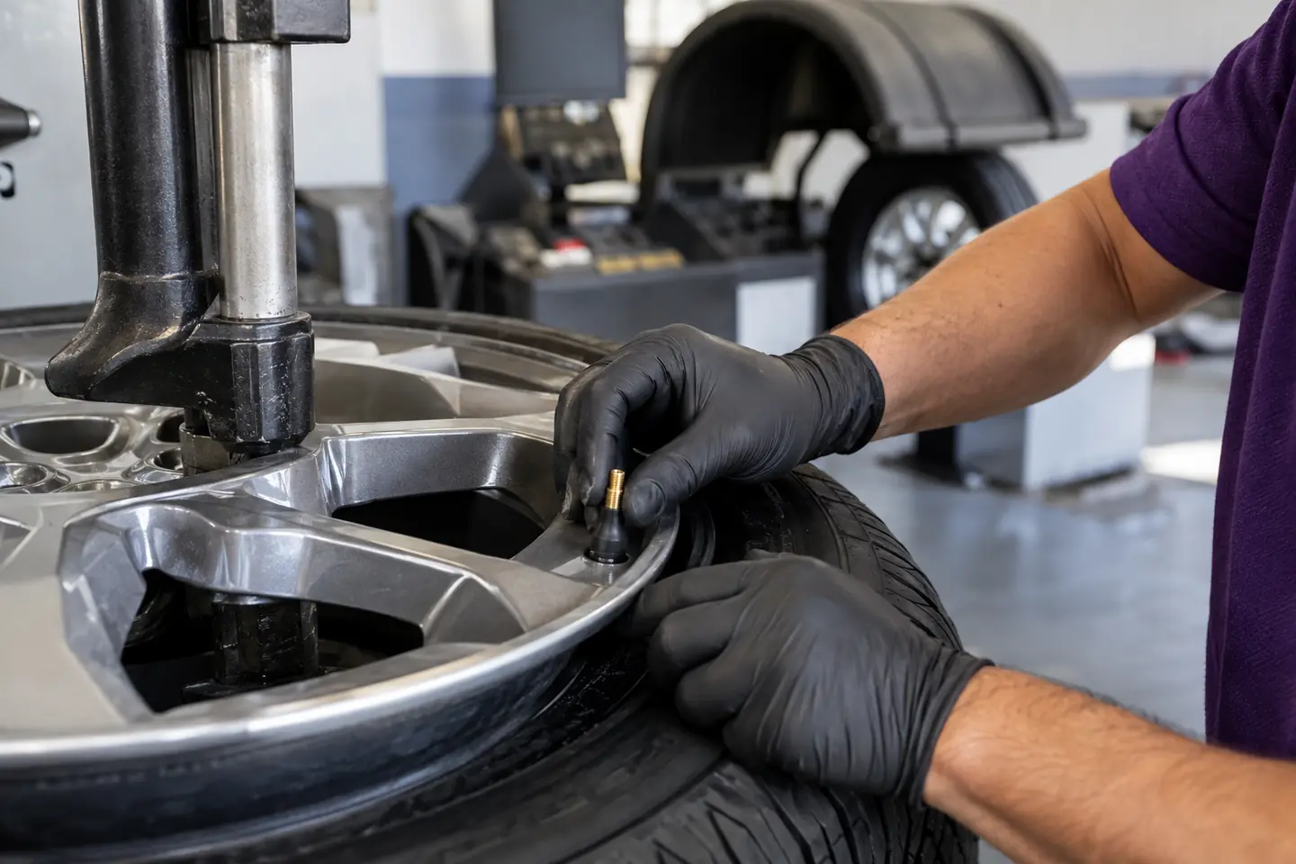 Gloved hands fit a new valve stem to a wheel on a tire changer