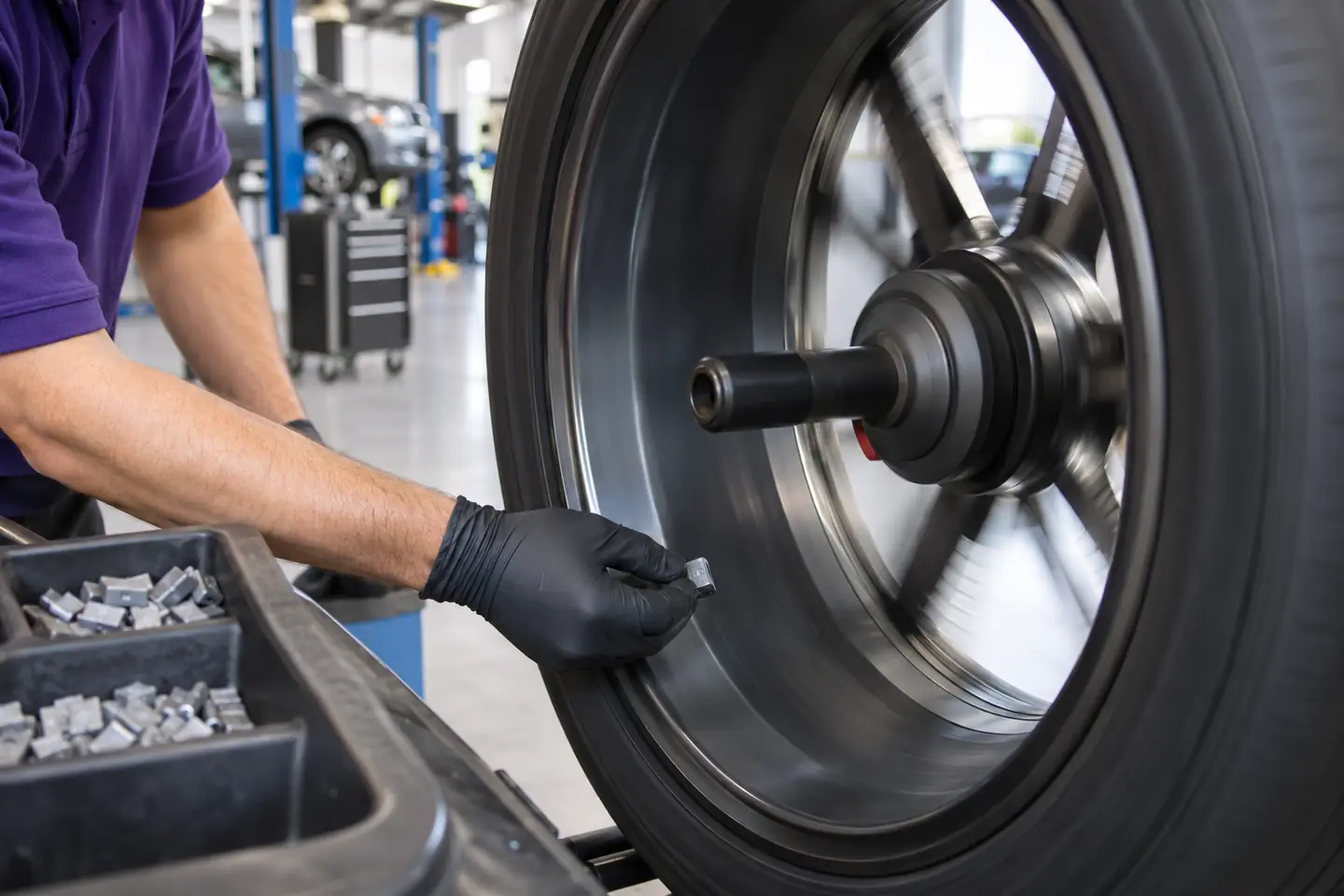 A tire and wheel spin on a balancer as a technician readies a weight