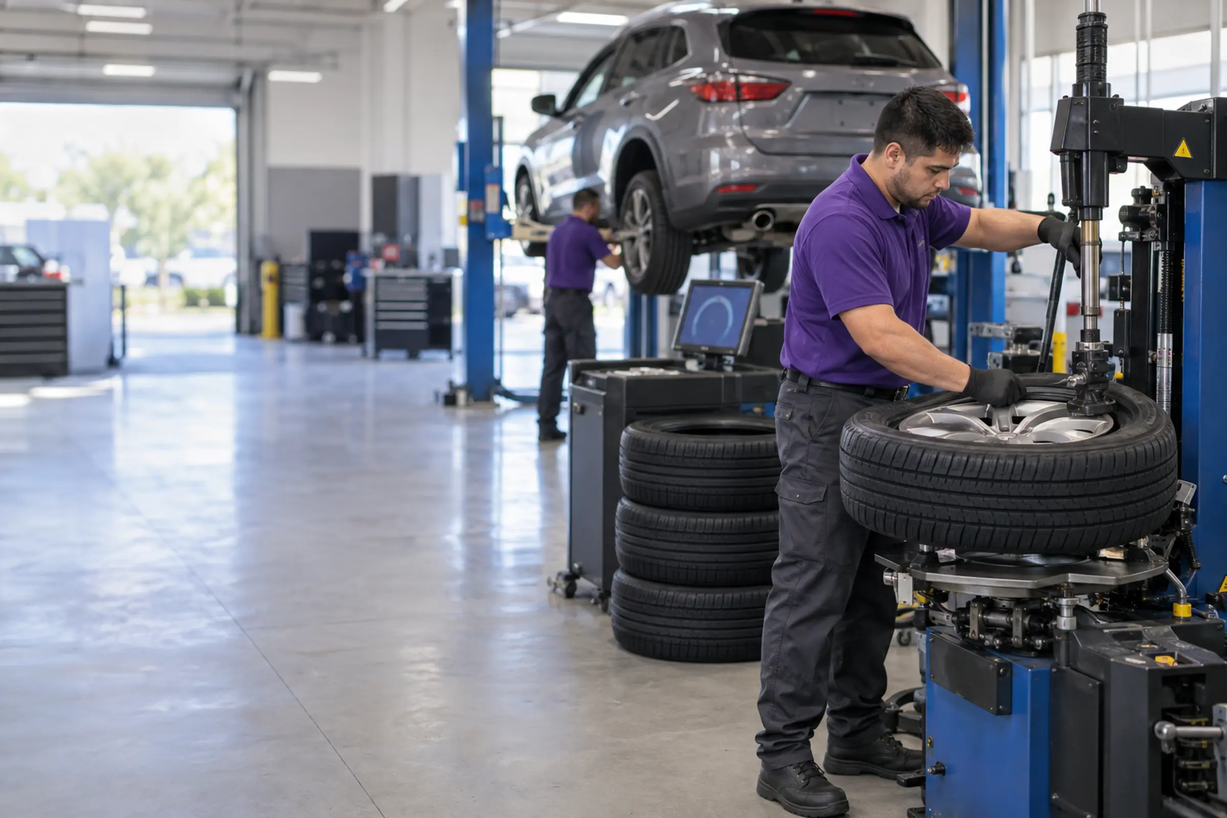 A technician mounts a new tire on a wheel at a tire changer
