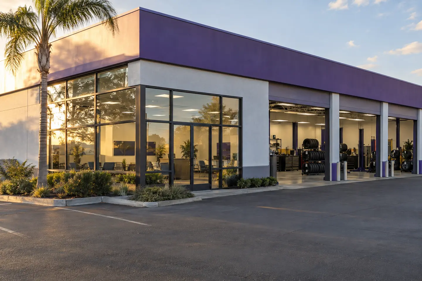 A corner tire and service center with glass showroom windows