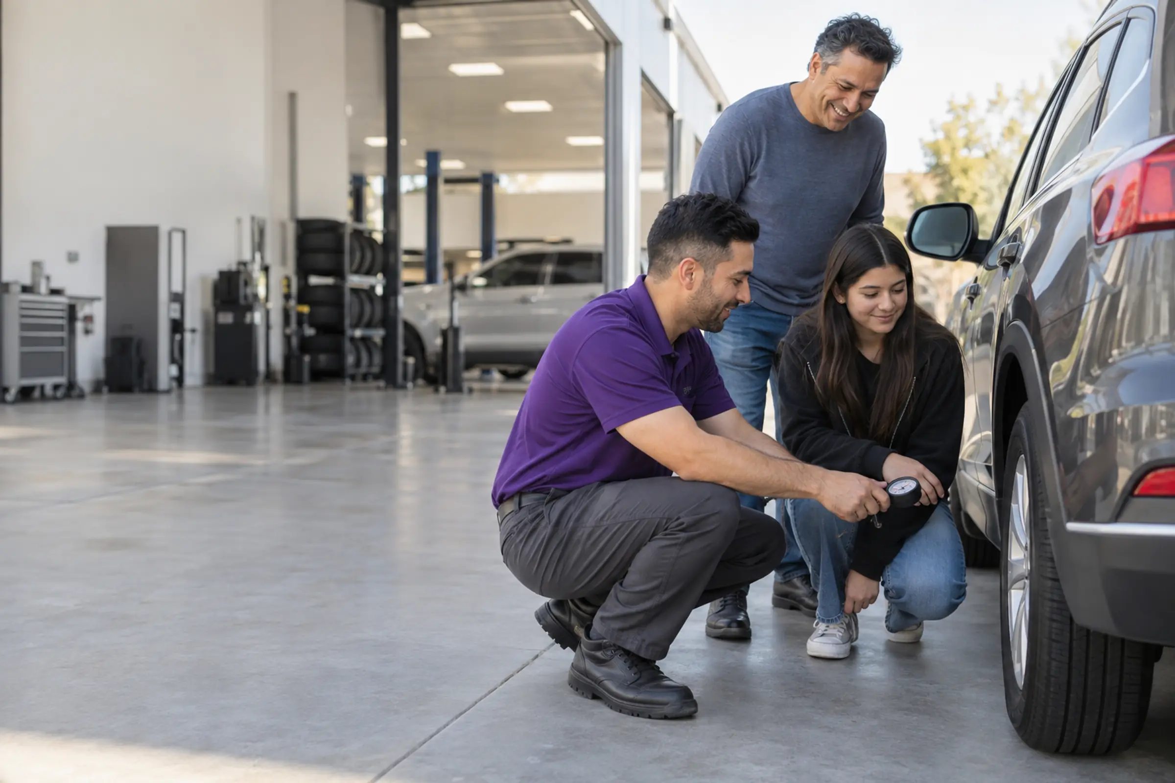 An associate shows a teenage driver how to check tire pressure