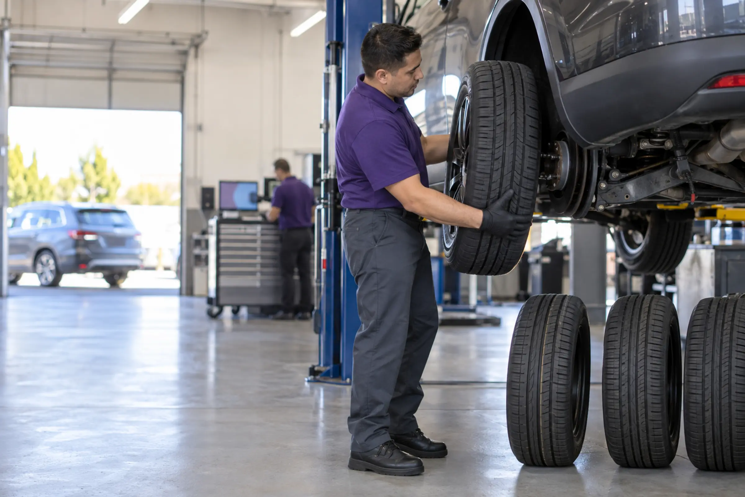 A technician fits a new tire to an SUV on a lift, three more new tires beside it