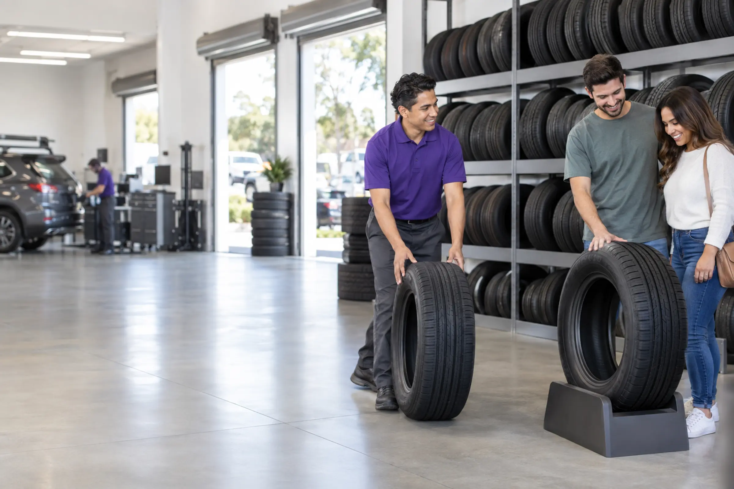 A store associate rolls a new tire toward a young couple in a bright tire showroom