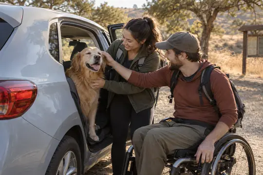 A couple and their golden retriever laughing in the back seat at a trailhead