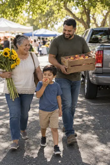 A grandmother, father and son carrying peaches and sunflowers back to their truck