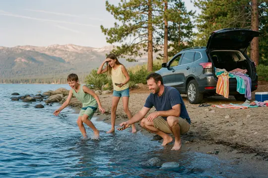 A father and two kids skip stones on a Lake Tahoe shore below their SUV