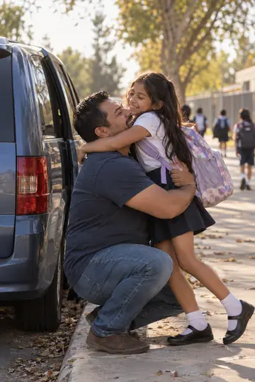 A father hugging his daughter at school pickup beside the family minivan